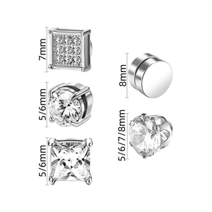 Magnetische Zirkonia-Ohrringe im Set, Silber-Finish, verschiedene quadratische und runde Größen
