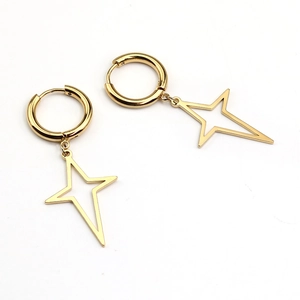 Polished gold titanium steel hoop earrings with hanging North Star charms on white background