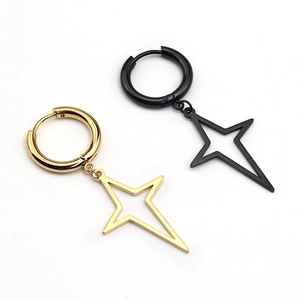 Polished titanium steel star pendant hoop earrings in classic gold and matte black colors