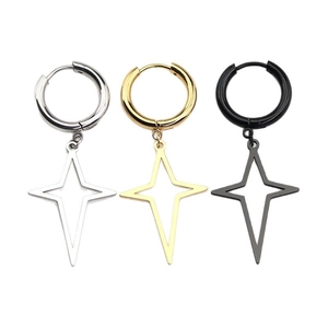 Three pairs of stainless steel star hoop earrings in silver, gold, and black colors