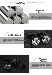 Détail de boucles d'oreilles en acier titane avec placage sous vide et pierre zircon
