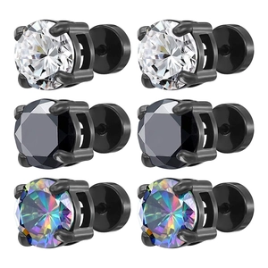 Lot de trois paires de boucles d'oreilles en acier avec zircons blancs, noirs et arc-en-ciel