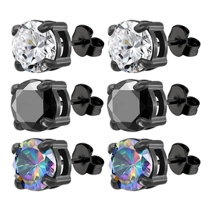 Trois paires de puces d'oreilles en acier avec zircons blancs, noirs et violets en kit