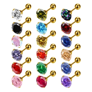 Lot de 18 boucles d'oreilles en acier titane doré avec zircons AAA colorés et vis arrière