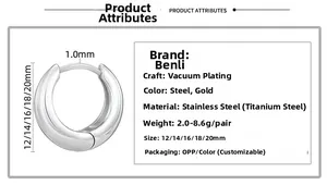 Detailed size chart for stainless steel hoop earrings in gold and silver plating