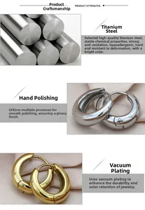 Detailed view of polished titanium steel hoop earrings in gold and silver finishes