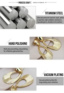 Detail of hammered texture on gold titanium steel teardrop earrings with vacuum plating