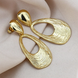 Exaggerated Stainless Steel Gold Plated Hollow Teardrop Drop Earrings For Women Fashion Hammered Water Ripple Large Stud Jewelry