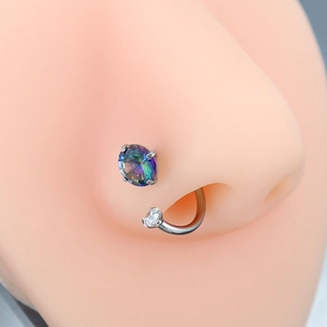 Titanium steel horseshoe septum ring with rainbow iridescent stone and clear cubic zirconia