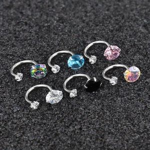 Polished titanium steel horseshoe ring set with colorful zircon stones for body piercing