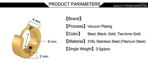 Especificaciones de tamaño detalladas para aretes huggie de acero 316L bañados en oro