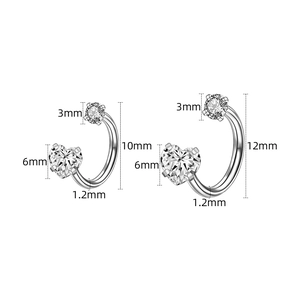Horseshoe piercing rings with heart-shaped zircon and size annotations for body jewelry