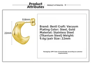 Close-up of golden crescent earrings with 22mm height and 0.8mm pin thickness details