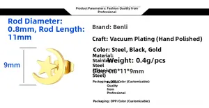 Detailed dimensions of the 18k gold plated stainless steel star and moon stud earrings