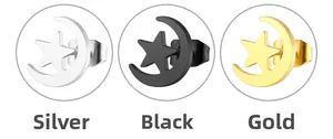 Detailed comparison of star and moon stud earrings in steel, black and gold finishes