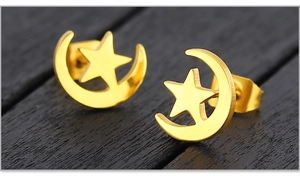 Macro shot of polished gold-finished stainless steel moon and star stud earrings