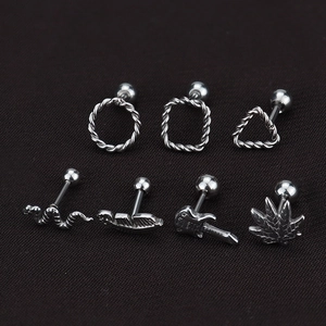7-piece set of geometric twisted and animal shaped stainless steel stud earrings in silver