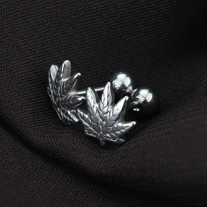 Polished silver leaf-shaped titanium steel stud earrings with feather vein textures