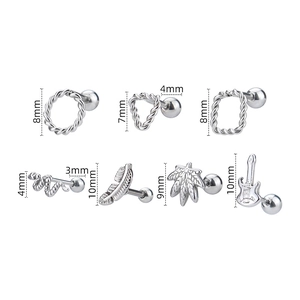 7pcs geometric stainless steel earring set featuring feather, leaf, and snake designs