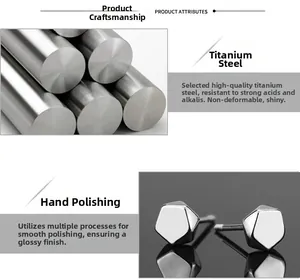 Detailed view of pentagonal titanium steel stud earring with hand polished mirror finish