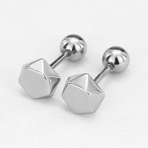 Detail view of silver geometric hexagonal stud earrings with screw ball back closure