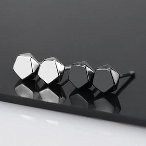 Minimalist geometric pentagon stud earrings in polished silver and black finish