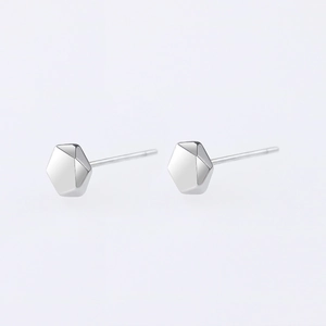 Polished silver geometric hexagonal stud earrings for women with minimalist faceted design