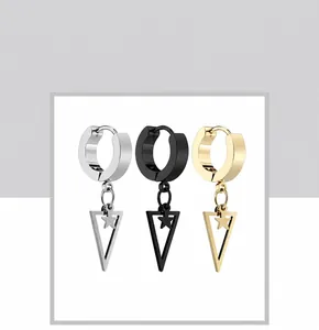 Detail view of hoop earrings with triangle and star pendants in silver, black and gold