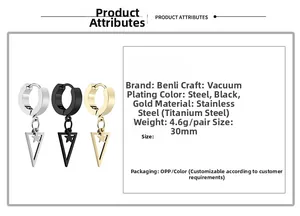 Detailed specs of 30mm titanium steel triangle hoop earrings in silver black and gold