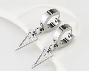 Detail of silver stainless steel hoop earrings with hollow triangle and star pendants