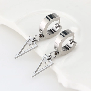 Silver titanium steel hoop earrings with triangle star charms in a cool unisex style