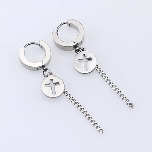 Mens silver stainless steel hoop earrings with cross charm and cuban chain fringe