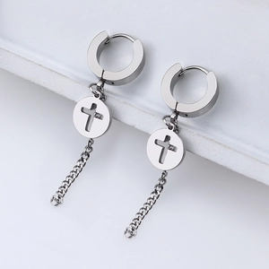 Minimalist stainless steel hoop earrings with hollow cross pendant and fine chain dangles