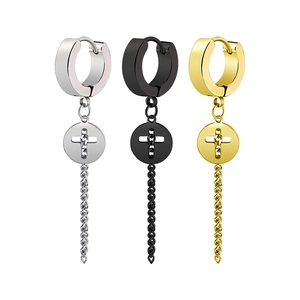 Sleek titanium steel hoop earrings with cross pendants in silver, black and gold finishes