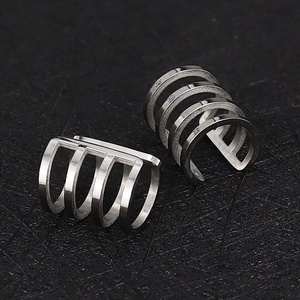 Silver multi-layer C-shaped stainless steel ear cuff with four parallel minimalist lines