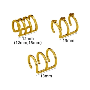 Three-piece set of gold stainless steel ear cuffs with cross charm and layered ring designs