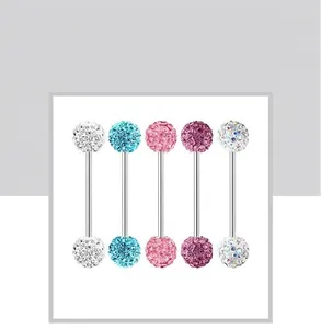 Détail du lot de piercings barbells avec boules de 5mm pavées de cristaux en 5 couleurs