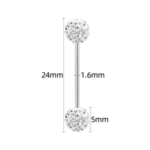 Piercing barbell à billes de cristal de 5mm avec tige de 24mm et épaisseur de 1,6mm