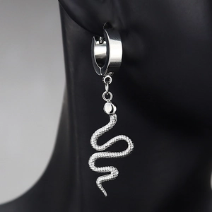 Silver snake drop earrings with scale texture on stainless steel hoop for men and women