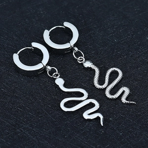 Silver snake drop earrings with smooth and scaled textures in stainless steel metal