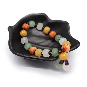 Natural multi-color 8x10mm pumpkin beads bracelet with jadeite style stones and tassels