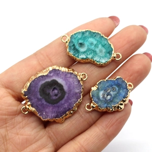 Natural agate slice pendant with gold plated edges and double loops for jewelry making