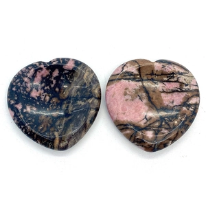 Natural heart-shaped Rhodonite palm stones with pink and black marbled patterns