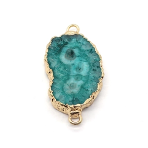 Irregular blue crystal stone pendant with gold edge and double rings for DIY jewelry