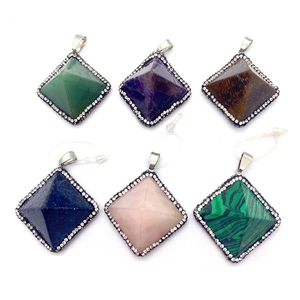 Set of 6 gemstone pyramid pendants including malachite and amethyst with crystal borders