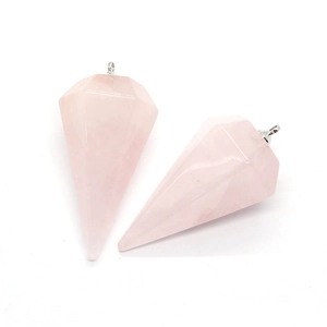 Polished faceted rose quartz hexagonal cone pendant with silver metal bail clasp