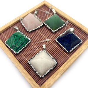 Rhombus malachite and tiger eye gemstone pendants with crystal inlay and metal buckle
