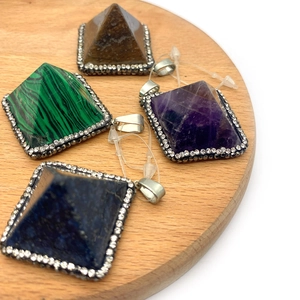 Malachite and tiger eye stone pyramid pendants with diamond accents and silver clasps