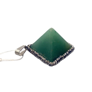 Green natural stone pyramid pendant with sparkling rhinestone frame and silver bail