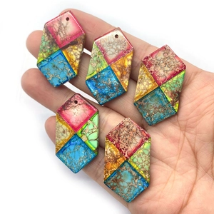 Five colorful hexagonal imperial stone pendants with mosaic patterns for DIY jewelry making
